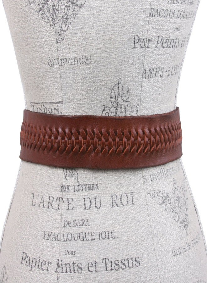 Beltiscool 2" Wide High Waist Braided Woven Full Grain Tapered Oval Leather Belt, Tan | S/M - 32" - Image 3